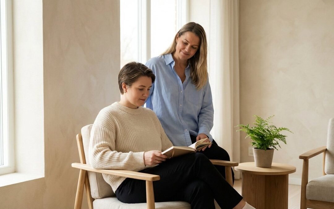 Deux femmes lisent un livre ensemble dans un salon lumineux, l'une assise, l'autre debout et attentive.
