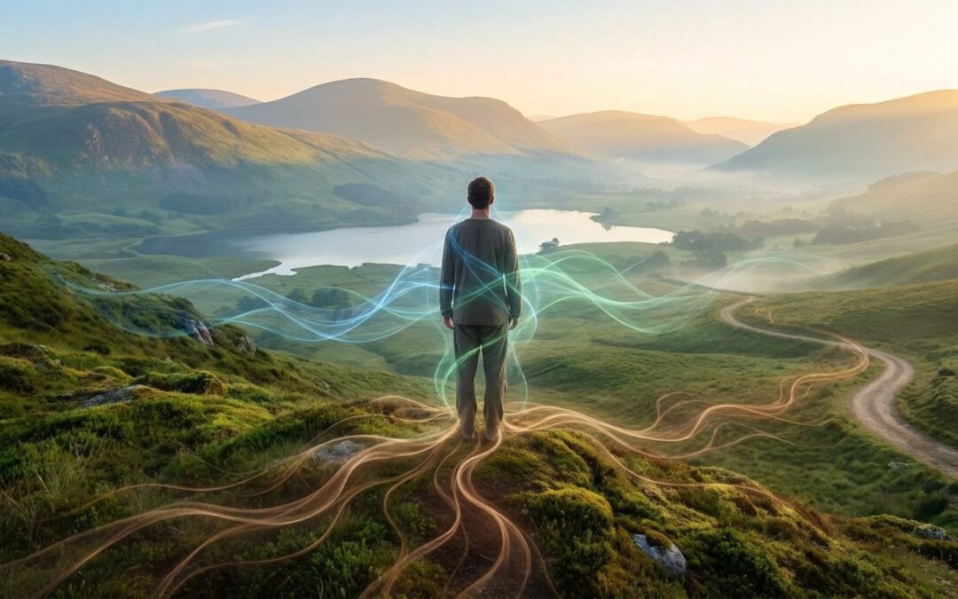 Homme sur une colline, connecté à la nature par des ondes lumineuses bleues/vertes et des racines dorées, face à un paysage montagneux brumeux.