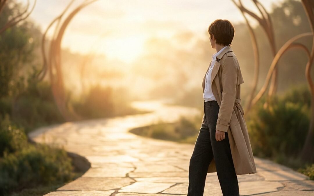 Femme en trench-coat sur un sentier pavé baigné de lumière dorée, regardant vers un horizon prometteur. Symbole de reconversion.