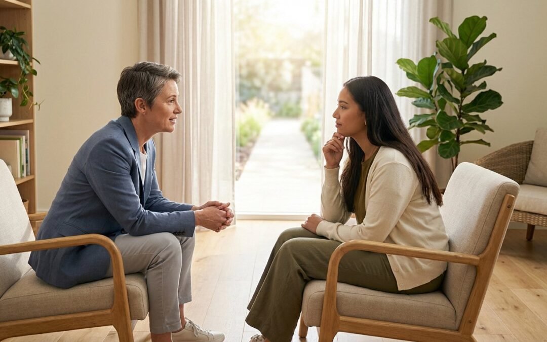 Deux femmes en conversation attentive dans un cadre lumineux. L'une, coach, accompagne l'autre, cliente, dans sa réflexion sur l'avenir.