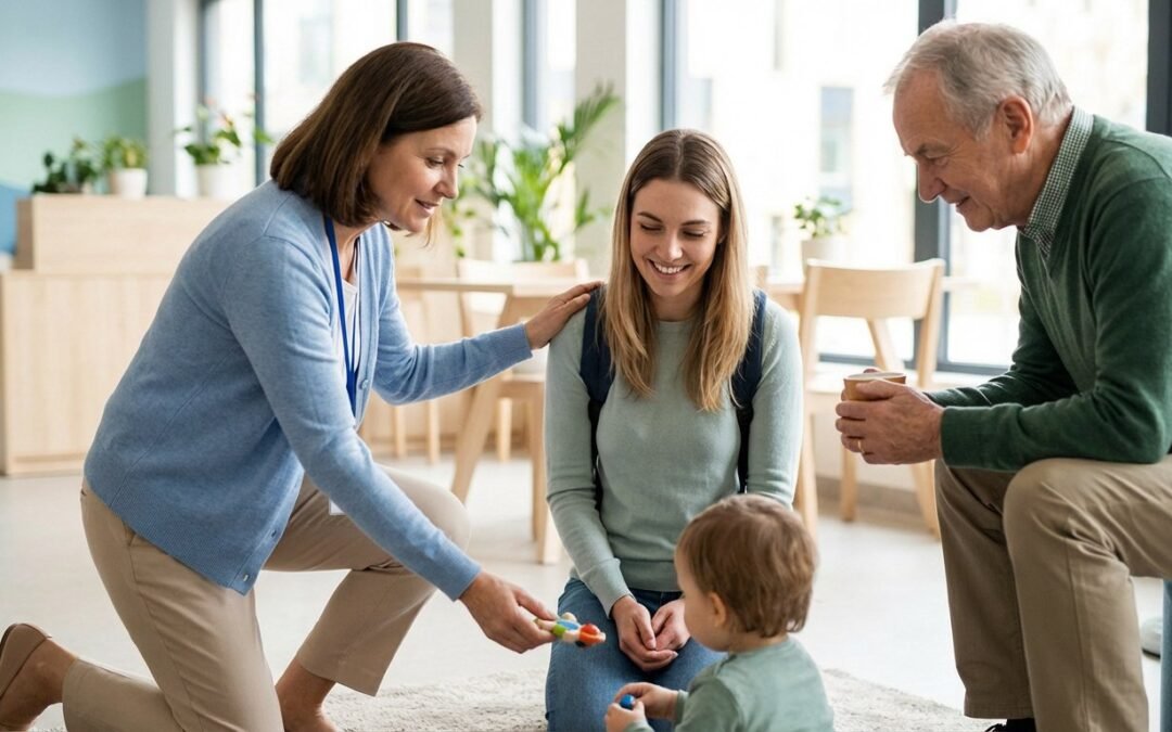 Une femme offre un jouet à un enfant, entourée d'une jeune femme souriante et d'un homme âgé. Scène intergénérationnelle de soutien.