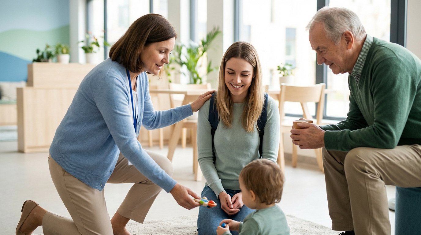 Une femme offre un jouet à un enfant, entourée d'une jeune femme souriante et d'un homme âgé. Scène intergénérationnelle de soutien.